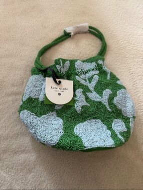 Kate Spade Green and Light Blue Beaded Floral Mini Drawstring Bag. NWT
